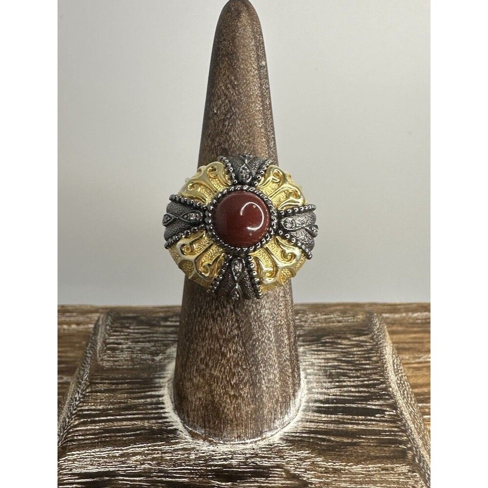 Vintage 925 Sterling Silver Vermeil Carnelian And Diamond Chip Dome Ring Sz 6.75